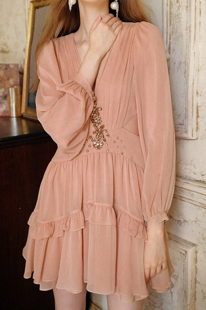Crystal Floral Embellished Deep V Bishop Sleeve Tiered Ruffle Mini Dress