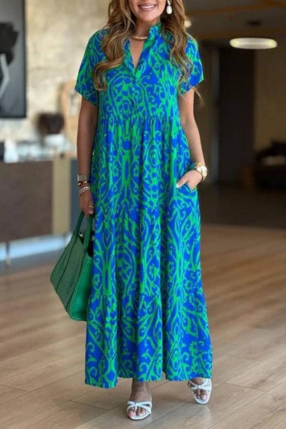 Ethnic Print V-Neck Short Sleeve Tiered Flowy Maxi Dress