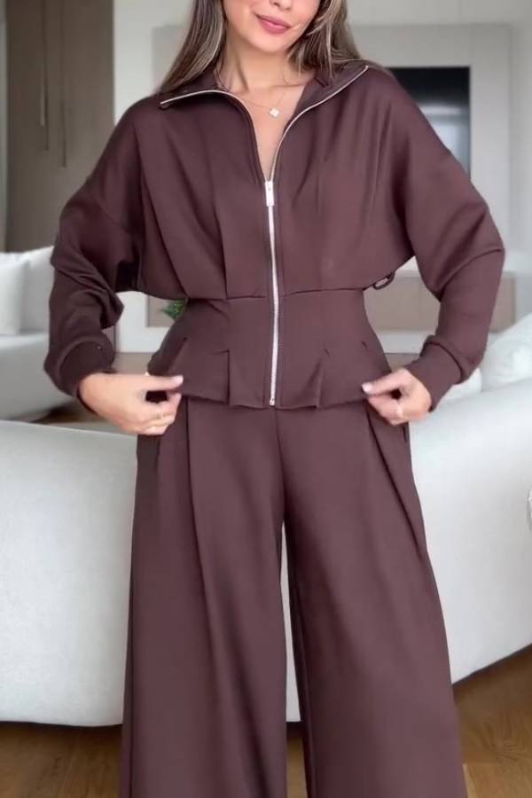 Stand Collar Zip Waist Cinched Wide Leg Pants Matching Set Elegant Two Piece Co-Ord