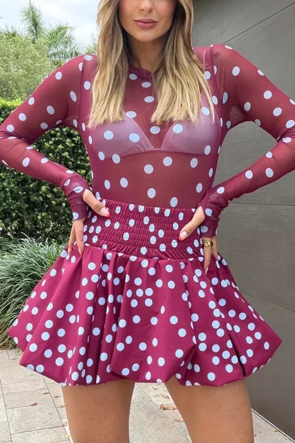 Sequoia Polka Dot Stretch Mesh Long Sleeve Bodysuit and Elastic Waist Puff Mini Skirt Set