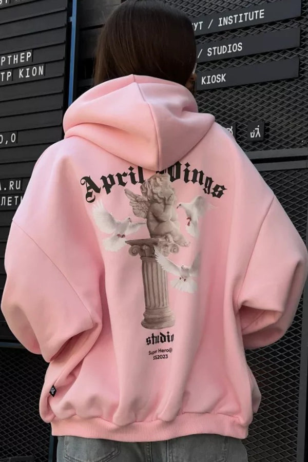 Retro Angel Dove Back Print Zip Hoodie