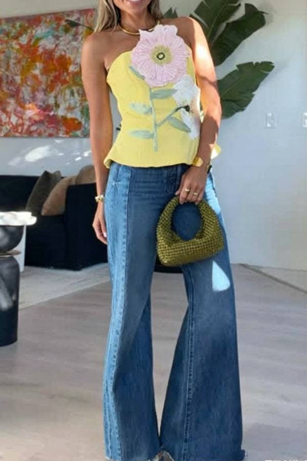 Create Beauty Flower Appliques Off Shoulder Tailored Waist Tank Top