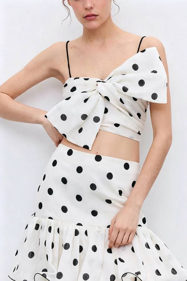 Gerrie Linen Blend Polka Dot Bow Smocked Top and High Rise Tiered Hem Maxi Skirt Set