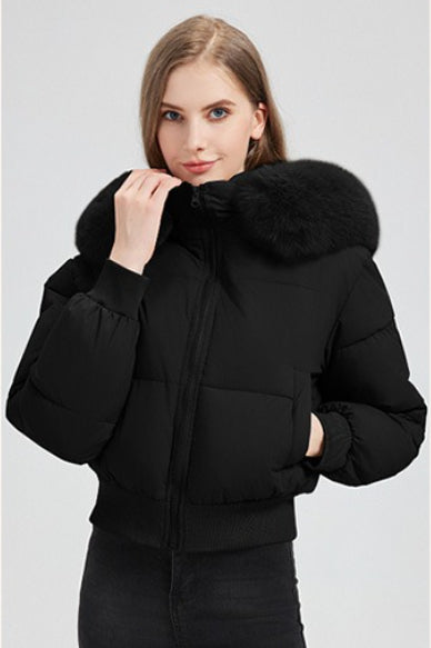 Quilted Cropped Faux Fur Collar Coat