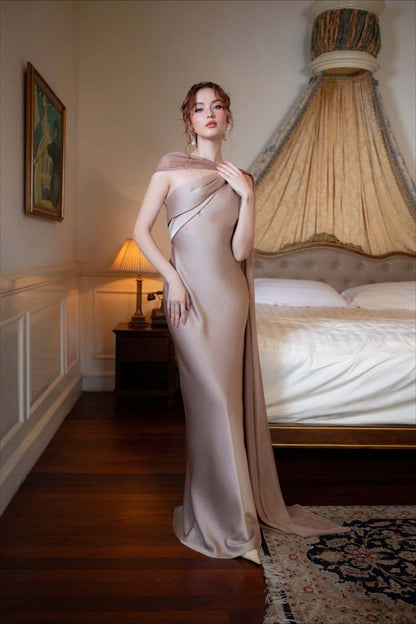 Elegant Satin Slant Neck Sheath Formal Dress