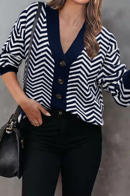 Long Sleeve V Neck Open Front Striped Knit Cardigan Sweaters