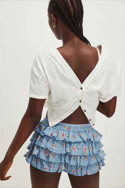 Tiered Ruffle Low Rise Elastic Waist Shorts