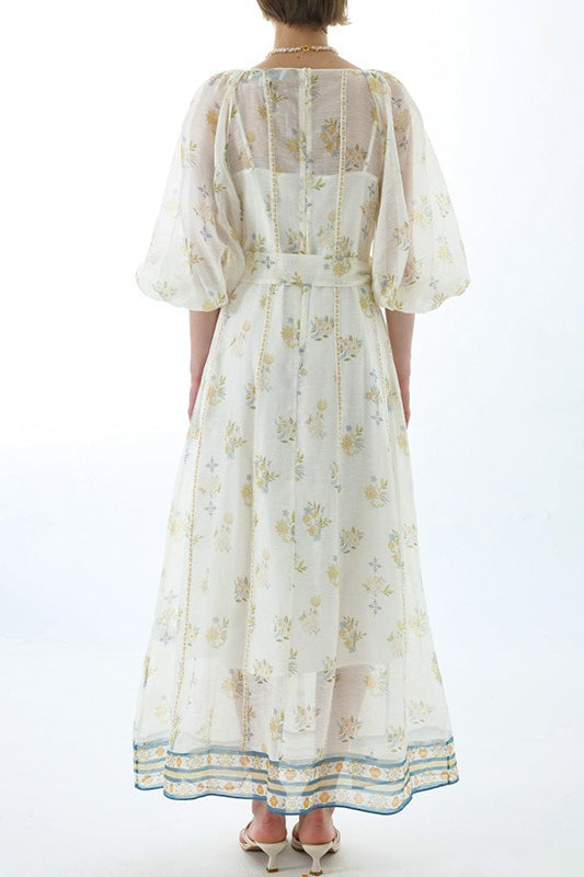 Embroidered Puff Sleeve Tie Boho Dress
