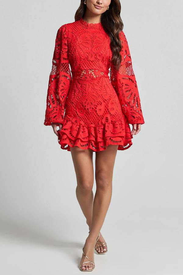 Multi-Color Cutout Lace Puff Sleeve Ruffle Hem Mini Dress