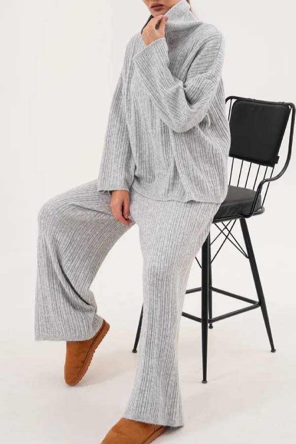Half‑Zip Turtleneck Ribbed Knit Two‑Piece Set