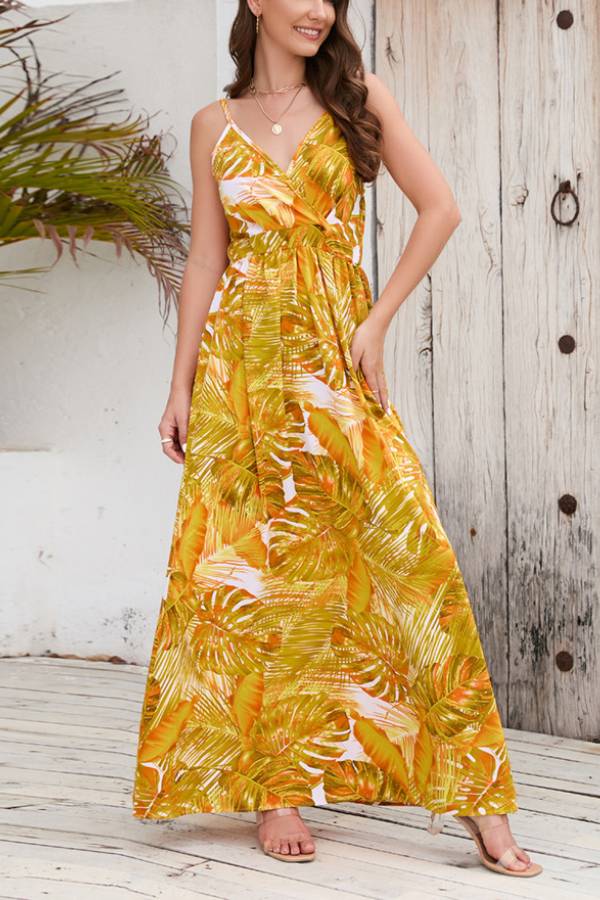Spaghetti Strap Tropical Print Waist-Cinched Maxi Dress