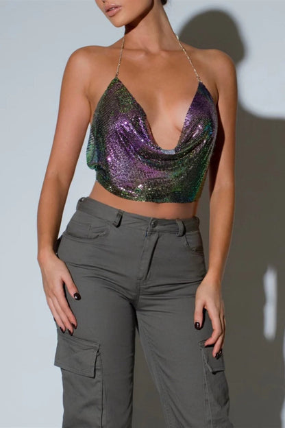 Sequin Halter Backless Halter Top