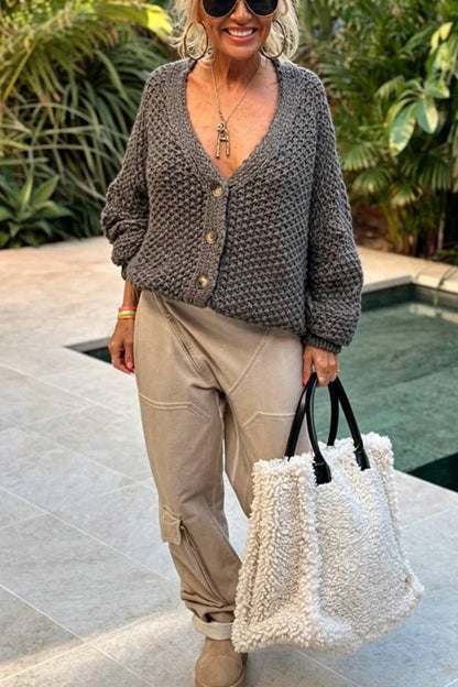 Hestia Knitted Texture Solid Color Button Long Sleeve Relaxed Cardigan