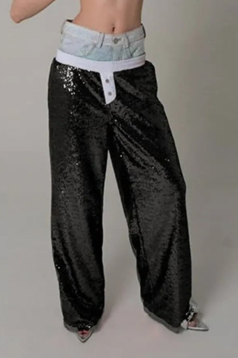 Sequin Color Block Slim Loose Pants