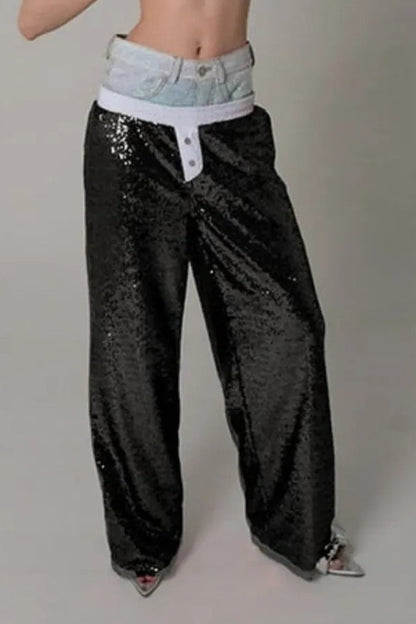Sequin Color Block Slim Loose Pants