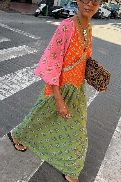 Genovah Colorful Tile Print Patchwork V-neck Balloon Sleeve Maxi Dress