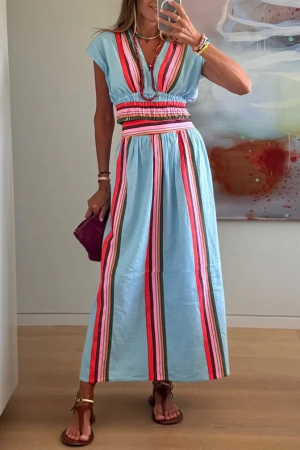 Stylish Striped Print V-neck Cropped Top and Elastic Waist Casual Maxi Skirt Set