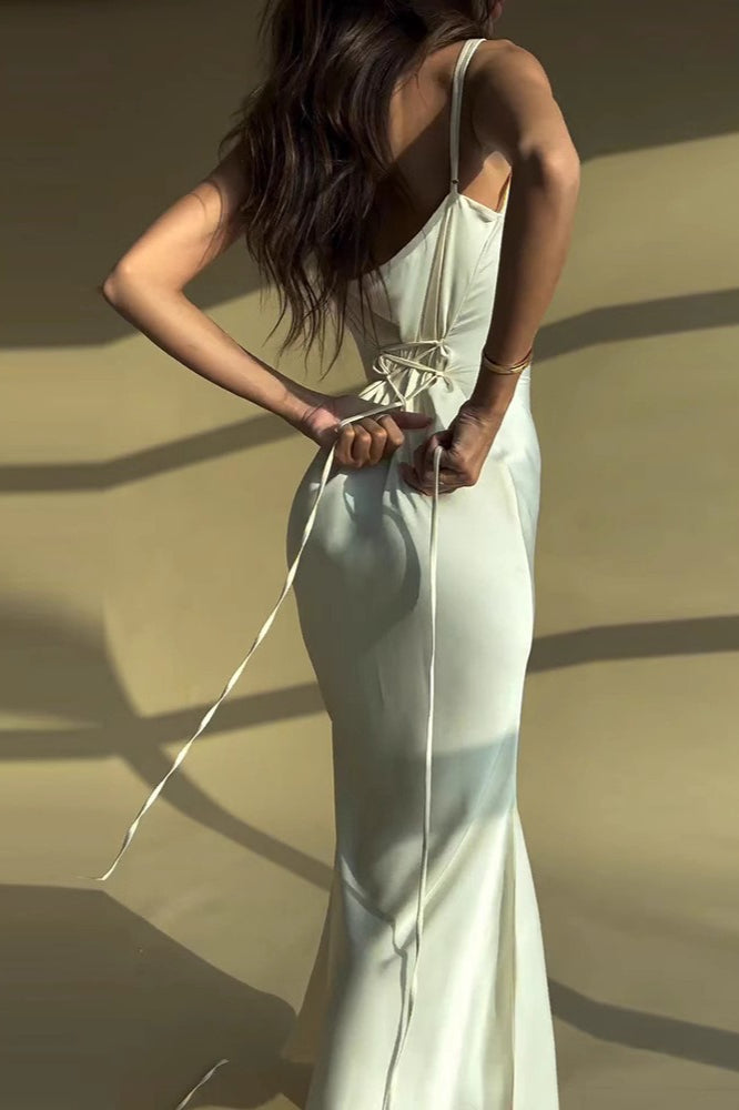 Solid Tie Waist Spaghetti Strap Slim Fit Prom Dress