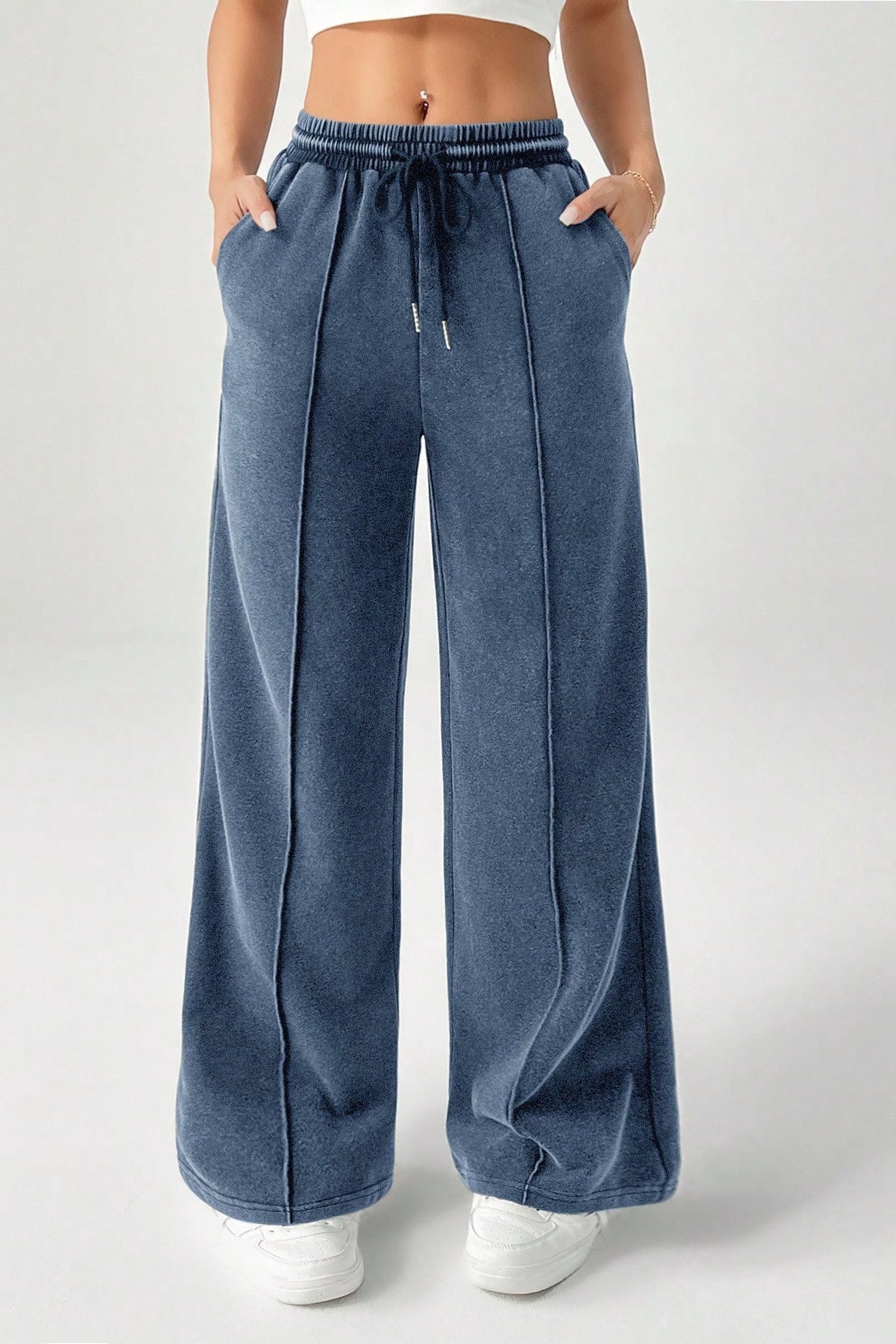 Solid Color Drawstring Waist Wide Leg Sweat Pants