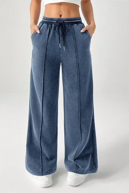 Solid Color Drawstring Waist Wide Leg Sweat Pants