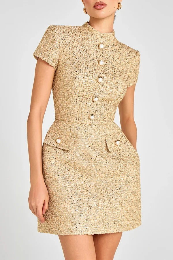 Gold Standard Tweed Fabric Pearl Button Short Sleeve Pocketed Mini Dress