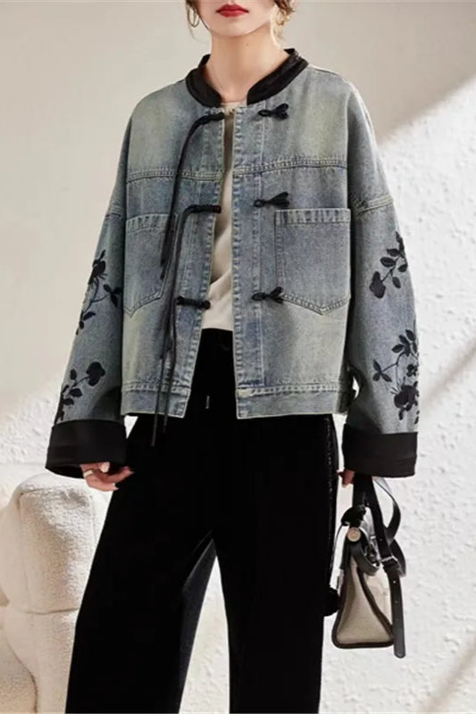 Vintage Print Short Denim Jacket