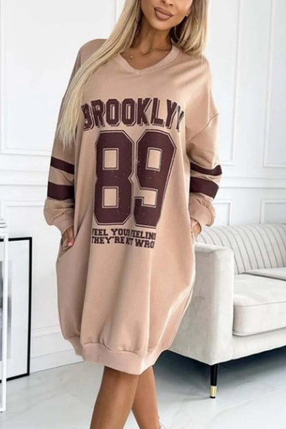Brooklyn 89 Graphic Stripe Sleeve Oversized Sweatshirt Mini Dress