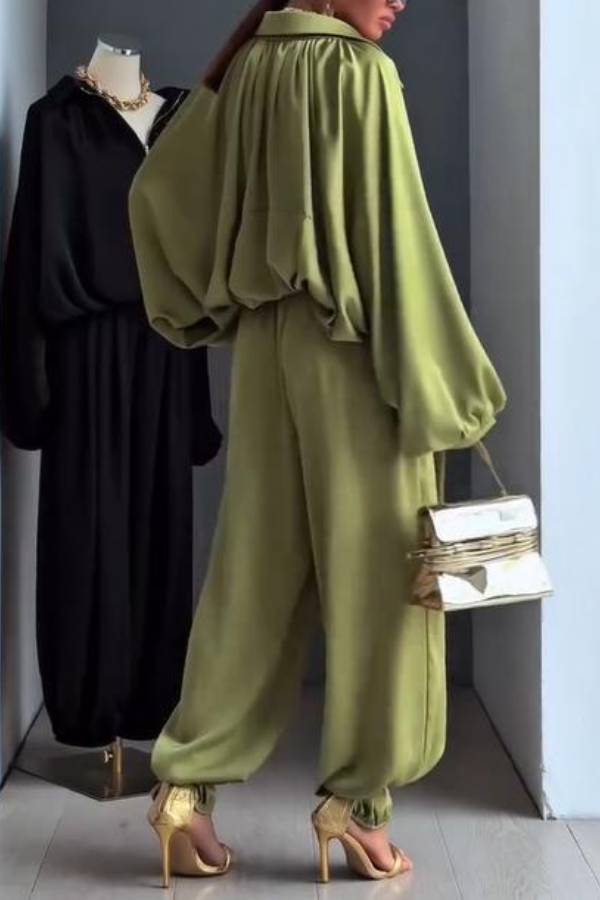 Satin Collar Puff Sleeve Drawstring Jogger Pants Two Piece Lazy Co-Ord Set
