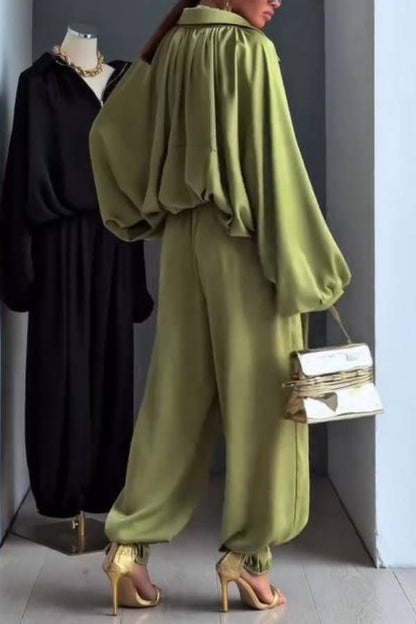 Satin Collar Puff Sleeve Drawstring Jogger Pants Two Piece Lazy Co-Ord Set