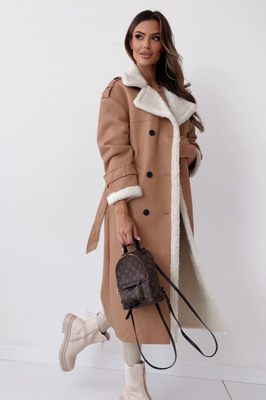 Reversible Stand Collar Faux Fur Overcoat