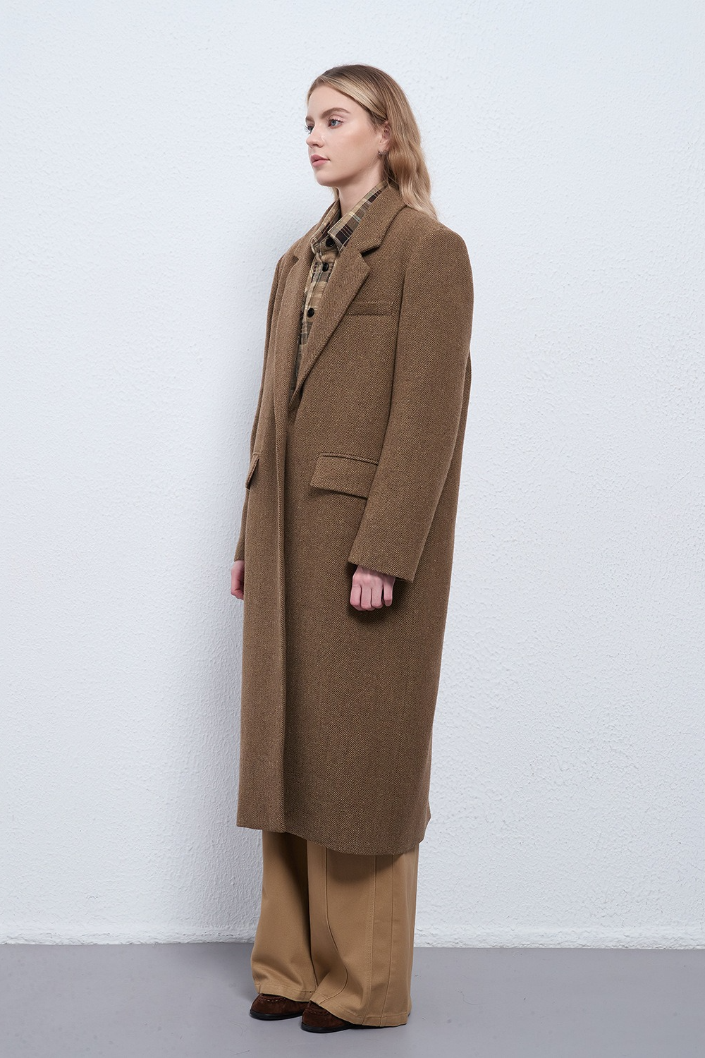 Wool Cashmere Herringbone Mid Long Thick Overcoat