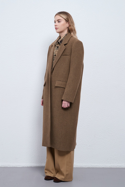 Wool Cashmere Herringbone Mid Long Thick Overcoat