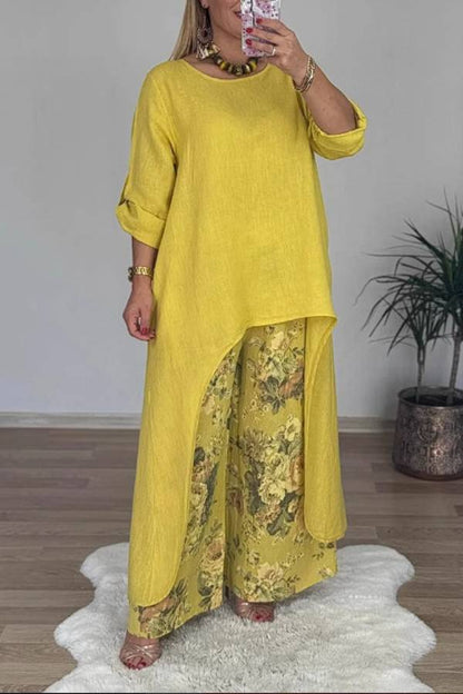 Irregular Linen Tunic & Vintage Floral Wide Leg Pant 2-Piece Set
