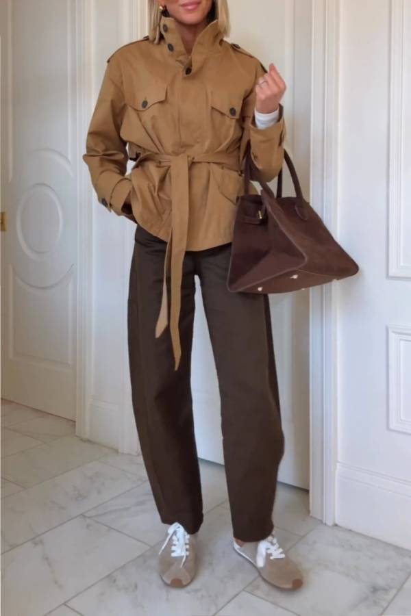 Camel tie waist short trench coat