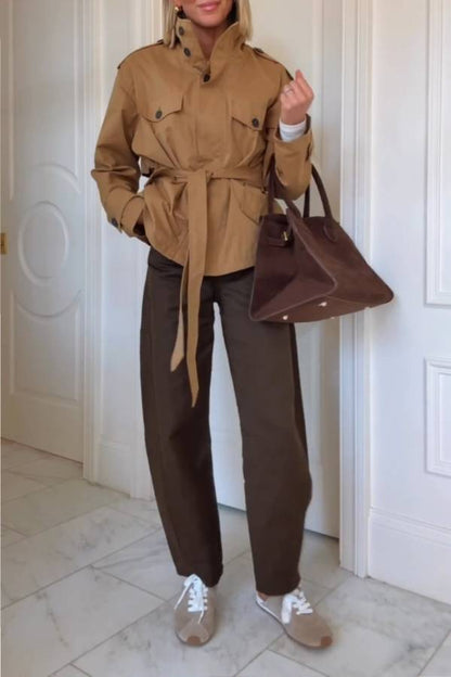 Camel tie waist short trench coat