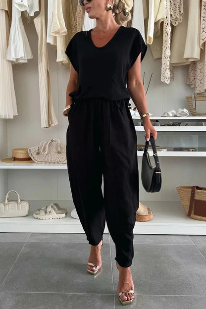 Leva Linen Blend Drawstring Short Sleeve Top and Elastic Waist Pocket Loose Tapered Pants
