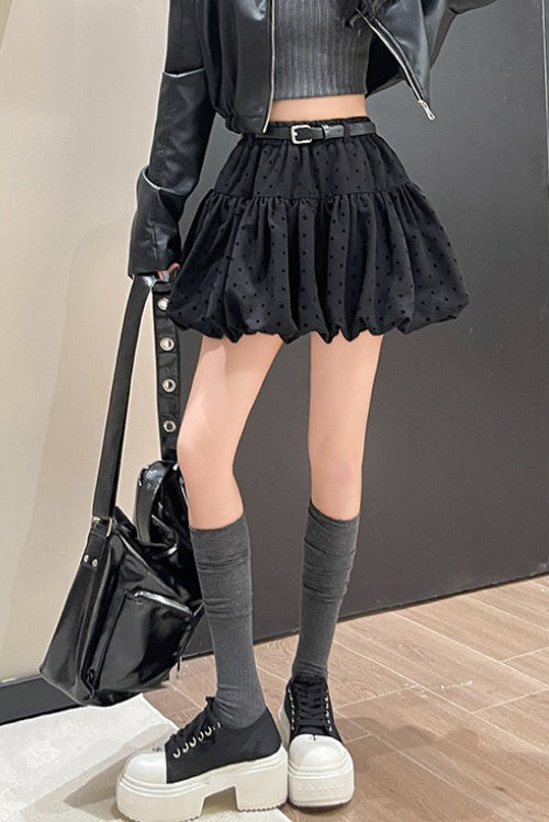 Polka Dot Black Belted Tulle Mini Skirt