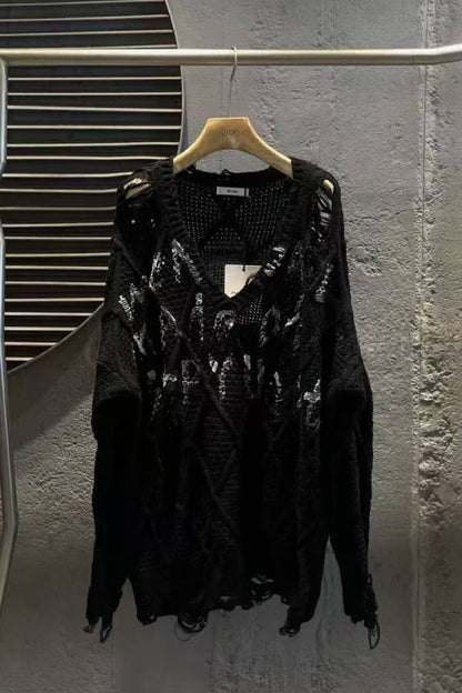 Distressed Ripped Letter V‑Neck Argyle Sweater