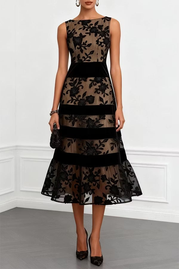 Rosmie Flower Mesh Lace Colorblock Boat Neck Sleeveless A-Line Midi Dress