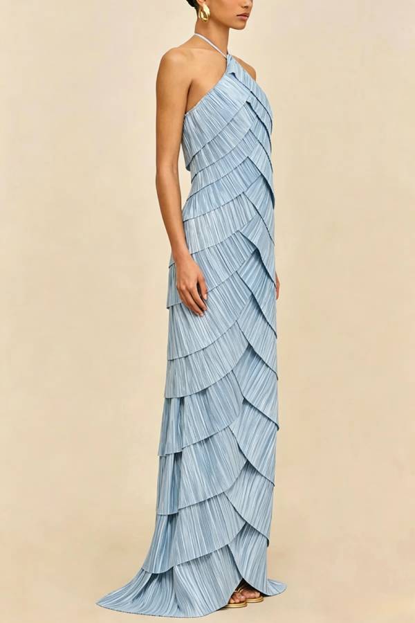 Modern Day Glam Tiered Pleat Design Sleeveless Halter Gown Maxi Dress