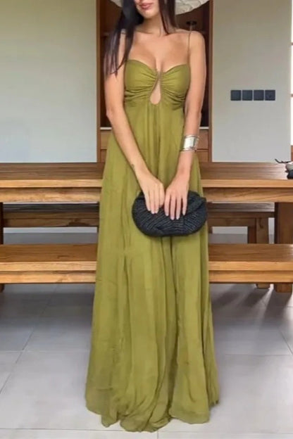 Spaghetti Strap Ruched Keyhole Bodice Crinkle Texture Flowy Maxi Dress