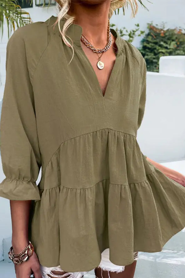 V-neck Casual Loose Solid Color Long-sleeved Blouse