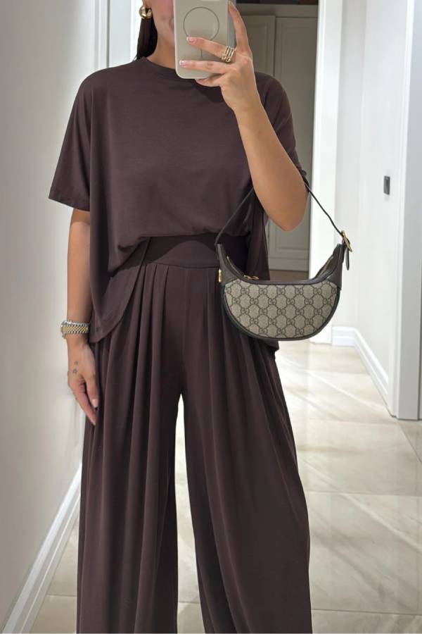 Light Grey Casual Top and Wide-leg Pants Set