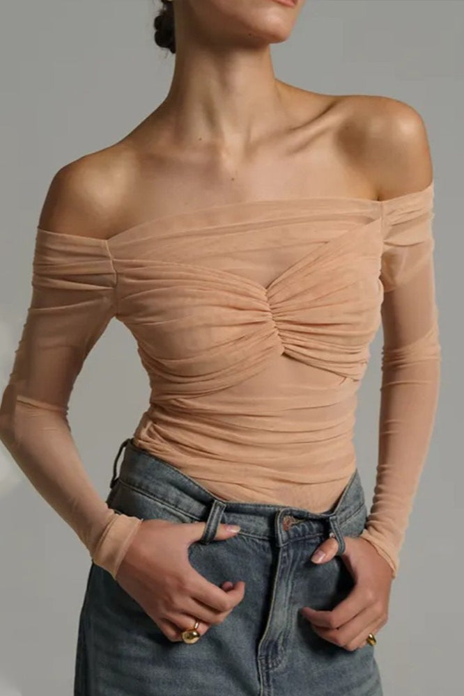 Off Shoulder Sheer Mesh Bodycon Long Sleeve Tee