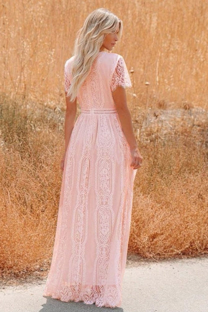 Lace V Neck Short Sleeve Hollow Out Boho Dress