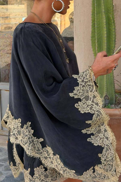 Eye-catching Suede Contrast Lace Trim Draped Shawl and Elastic Waist Pocket Shorts Set