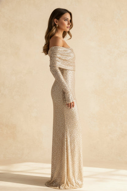 Sequin Off Shoulder Long Sleeve Bodycon Maxi Dress