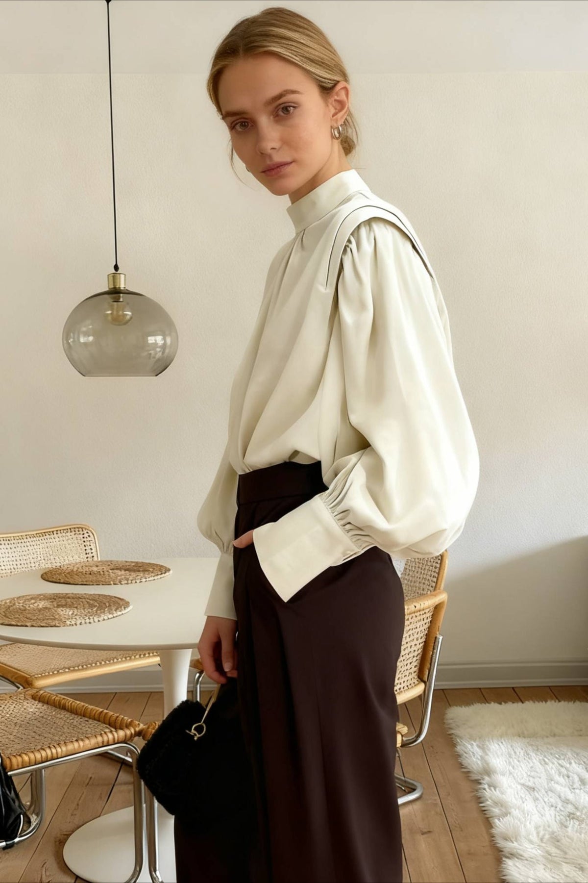 Black Lantern Sleeve Button-Up Blouse