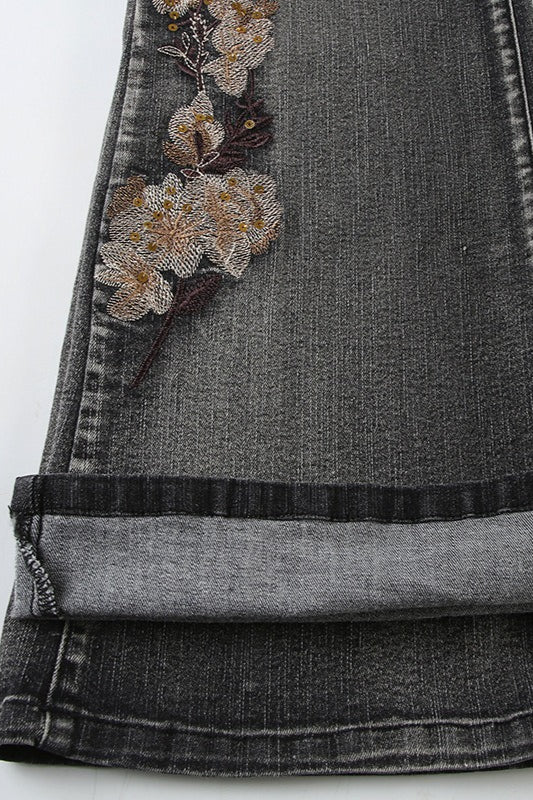 Sequin Embroidered Low Rise Wide Flare Leg Jeans