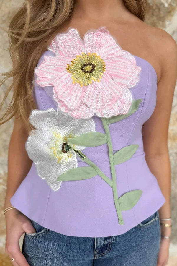 Create Beauty Flower Appliques Off Shoulder Tailored Waist Tank Top